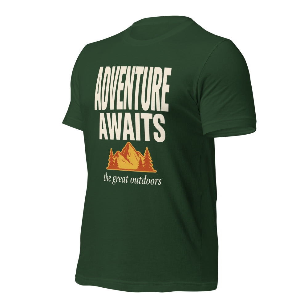 Adventure Awaits retro outdoors typography tee — Forest, front right