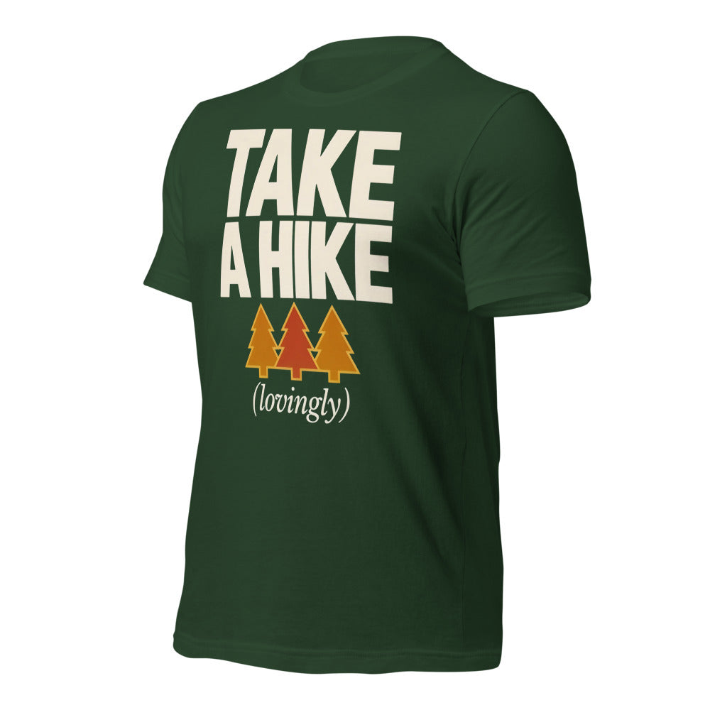 Take a Hike retro outdoors humor typography tee — Forest, front-right