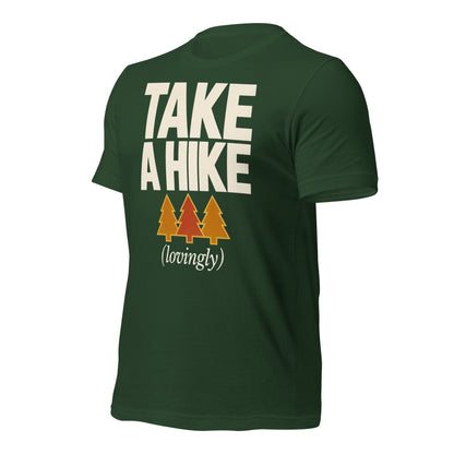 Take a Hike retro outdoors humor typography tee — Forest, front-right