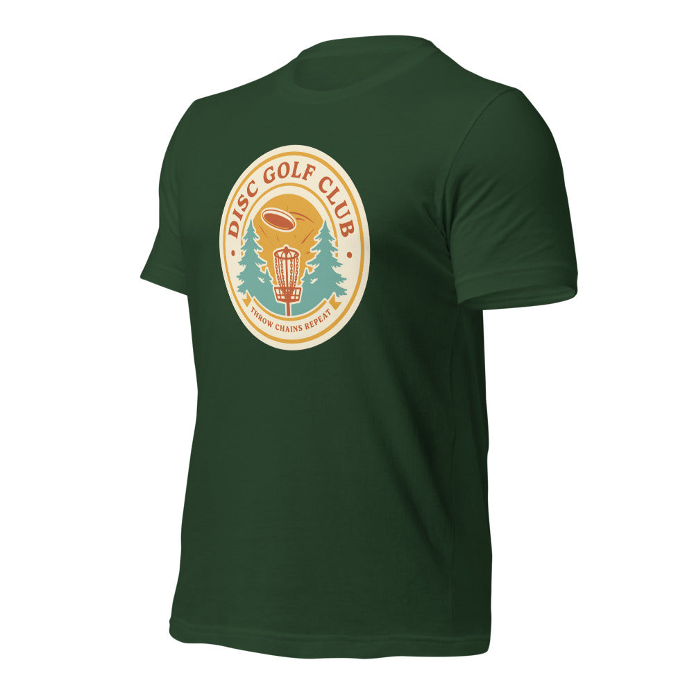 Disc Golf Club retro badge tee — Forest, front-right