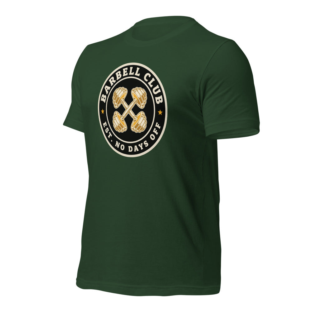 Barbell Club No Days Off vintage gym tee — Forest, front-right