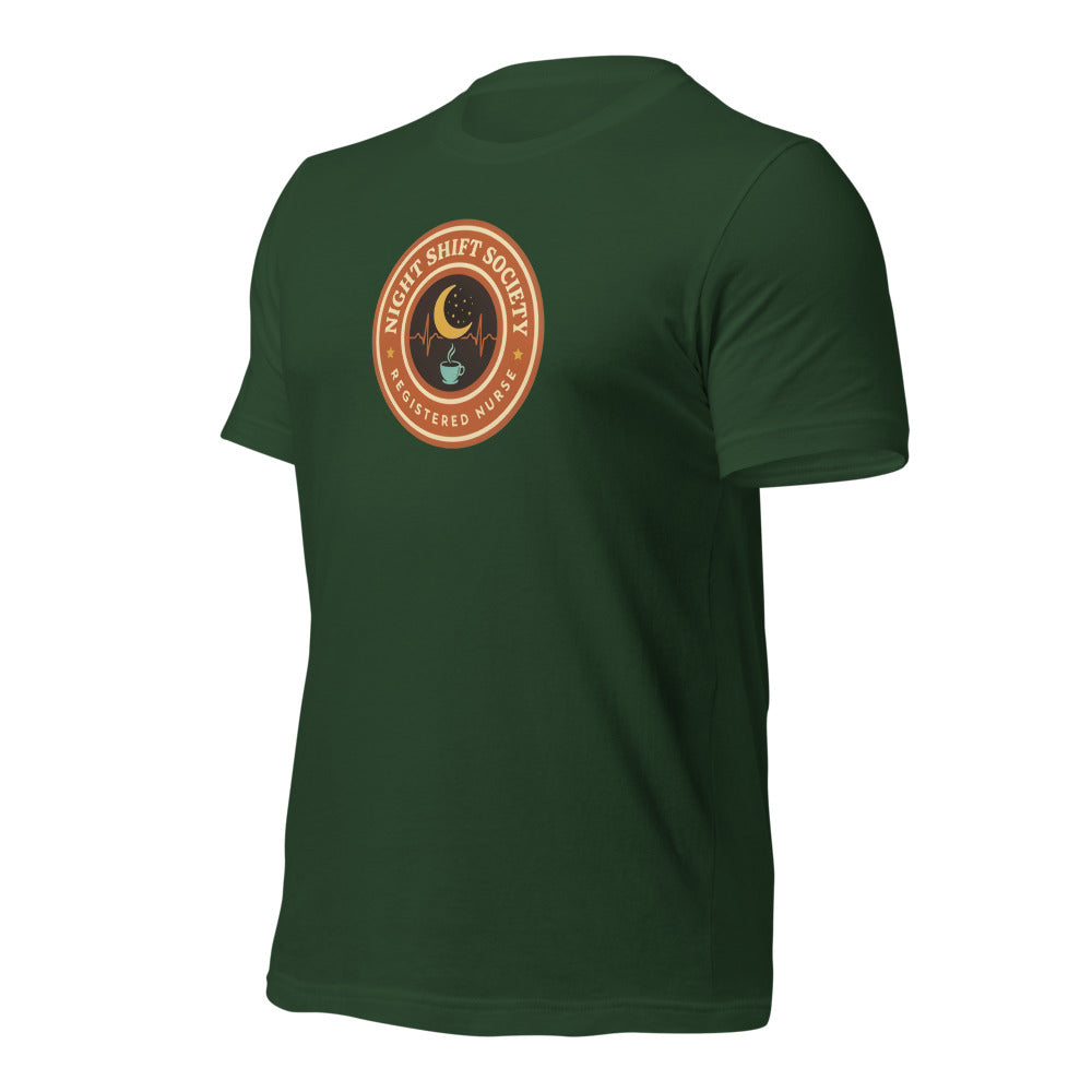 Night Shift Society retro registered nurse badge tee — Forest, front-right
