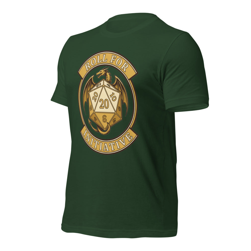 Roll For Initiative d20 dragon tabletop RPG tee — Forest, front-right