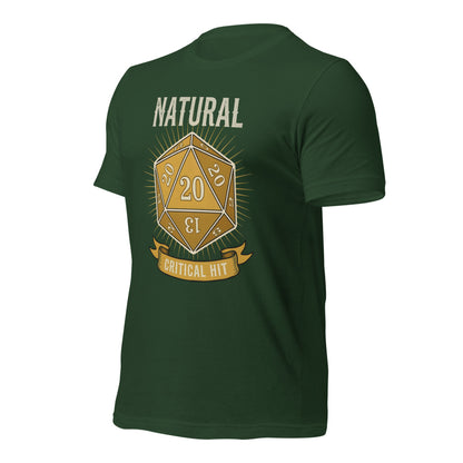 Natural 20 critical hit d20 tabletop RPG tee — Forest, front-right