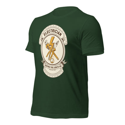 Electrician Journeyman trade crest tee — Forest, front-right