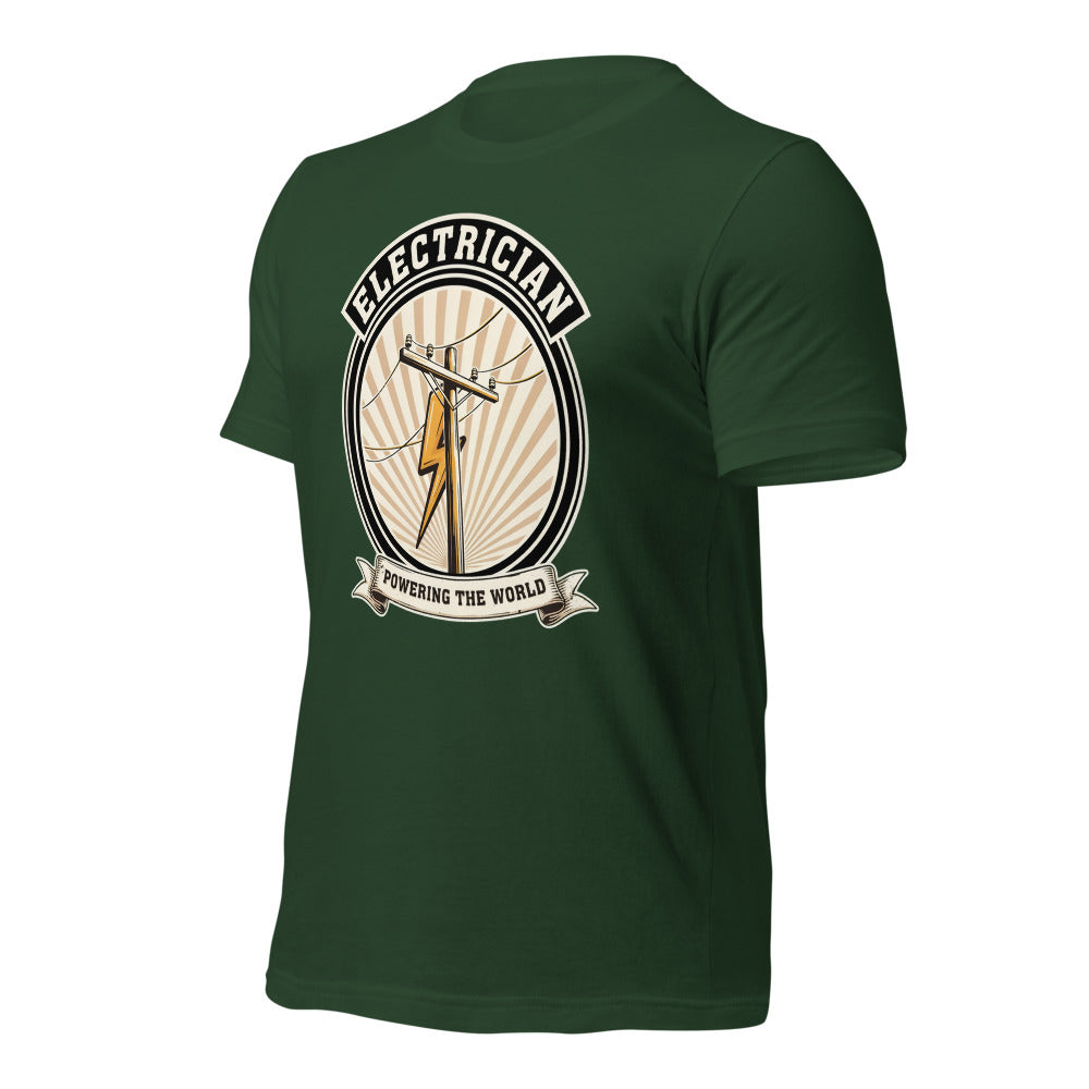 Powering The World electrician emblem tee — Forest, front-right