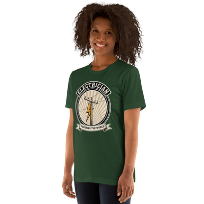 Powering The World electrician emblem tee — Forest, on model
