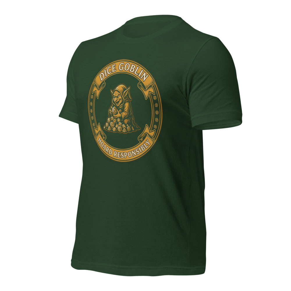 Dice Goblin Hoard Responsibly tabletop RPG tee — Forest, front-right