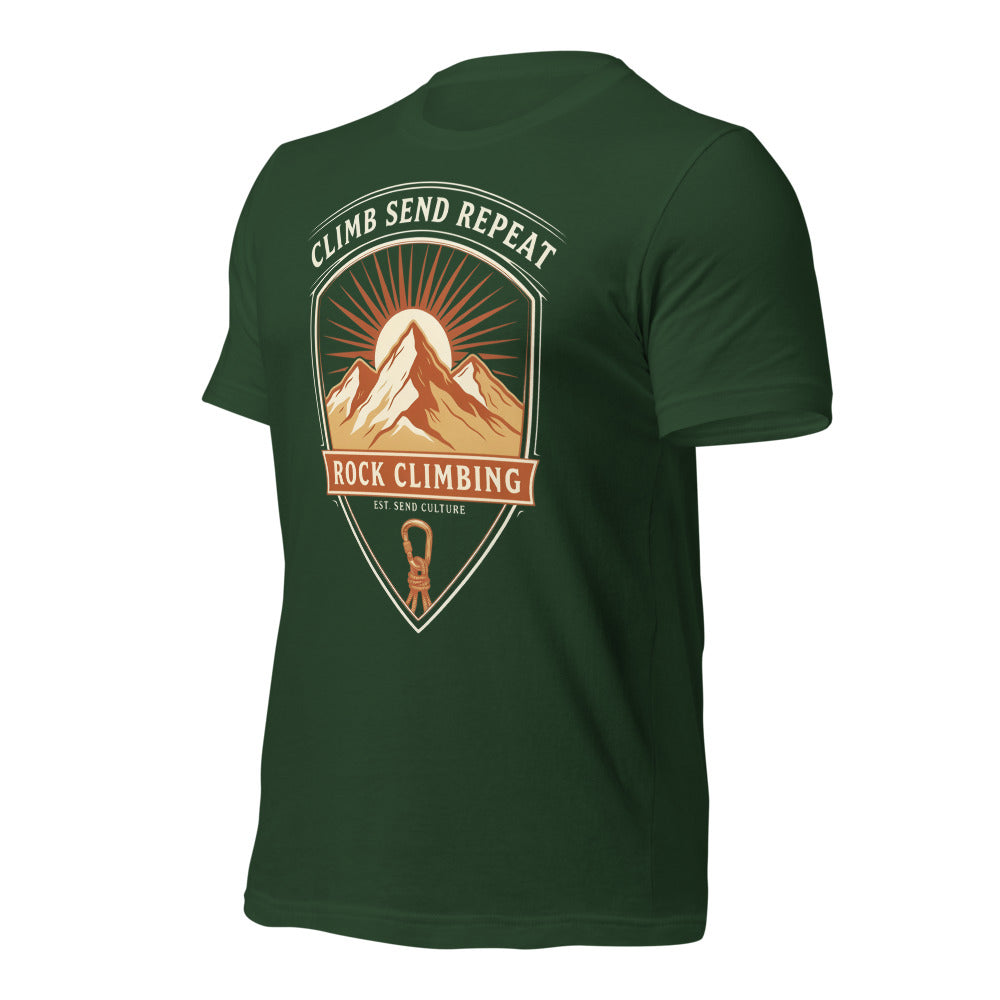 Climb Send Repeat mountaineering crest t-shirt — Forest, front-right
