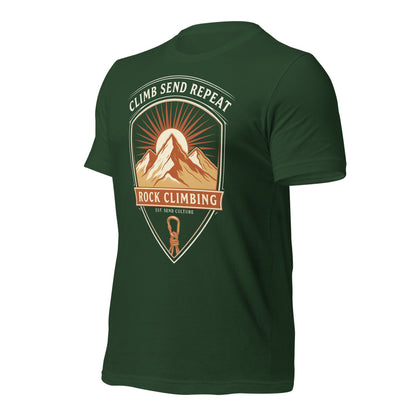 Climb Send Repeat mountaineering crest t-shirt — Forest, front-right