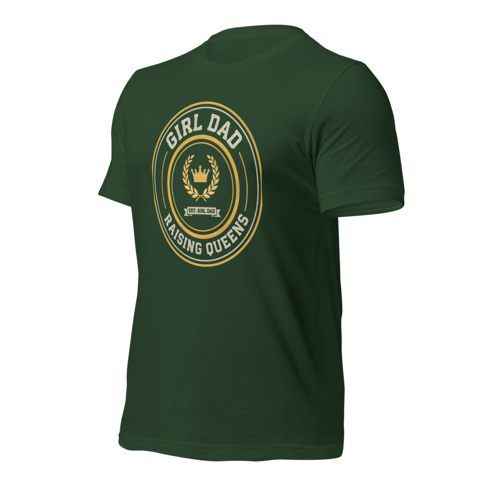 Girl Dad Raising Queens crest tee — Forest, front-right