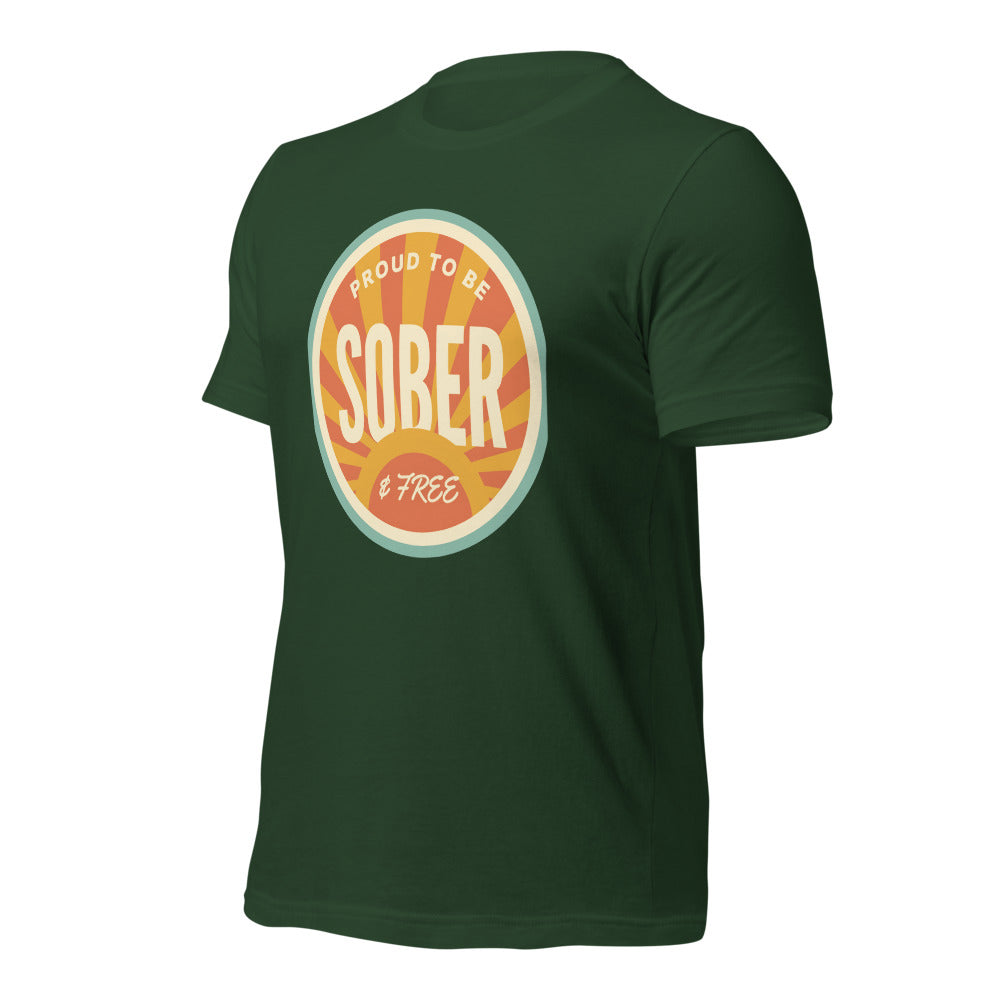 Sober & Proud retro sunburst tee — Forest, front-right