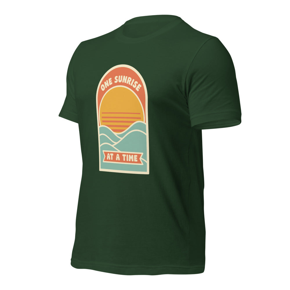 One Sunrise at a Time retro sunrise tee — Forest, front-right