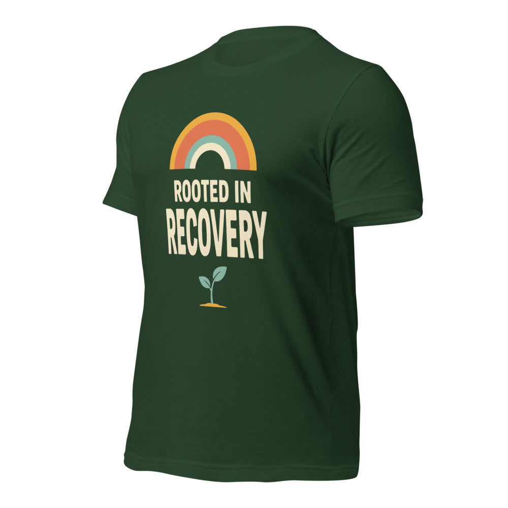 Rooted in Recovery retro rainbow tee — Forest, front-right