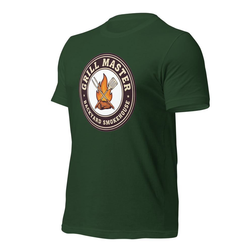 Grill Master retro backyard smokehouse tee — Forest, front-right