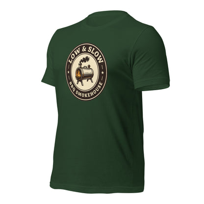 Low & Slow BBQ smoker tee — Forest, front-right