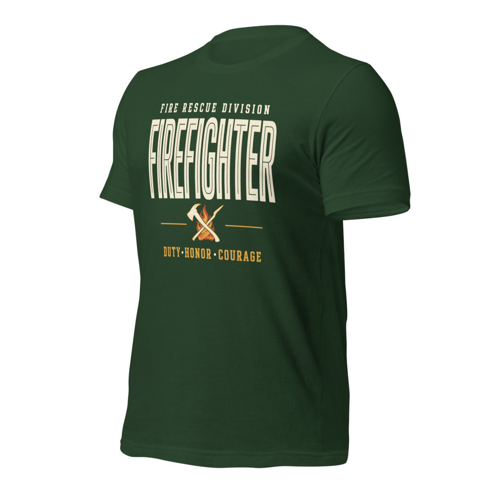 Firefighter collegiate wordmark retro fire-rescue tee — Forest, front-right