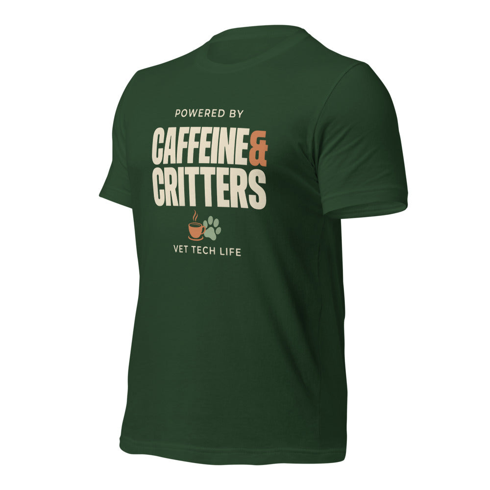 Powered by Caffeine & Critters funny vet tech tee — Forest, front-right