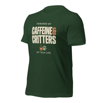 Powered by Caffeine & Critters funny vet tech tee — Forest, front-right