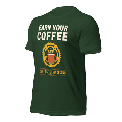 Earn Your Coffee retro cycling coffee t-shirt — Forest, front-right
