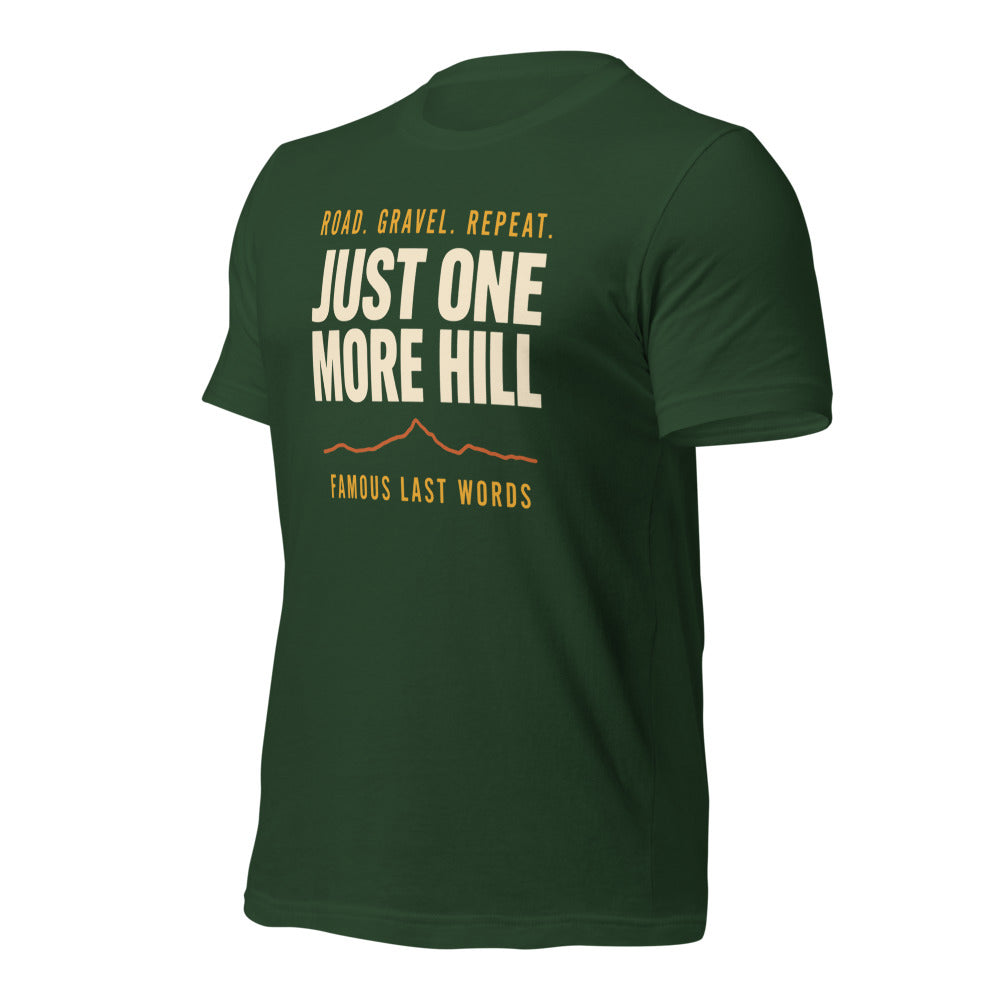 Just One More Hill retro cycling climb t-shirt — Forest, front-right