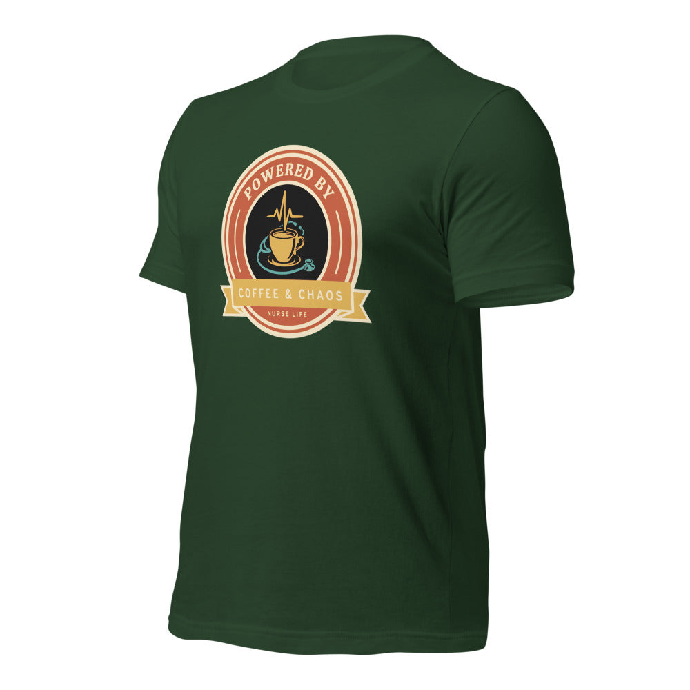 Powered by Coffee & Chaos retro nurse badge tee — Forest, front-right