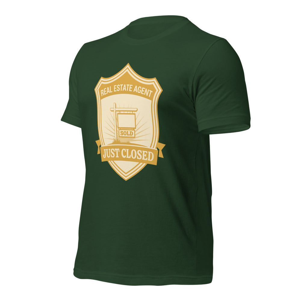 Just Closed real estate agent tee — Forest, front-right