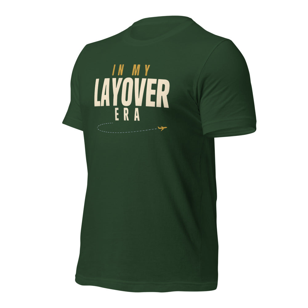 In My Layover Era flight attendant tee — Forest, front-right