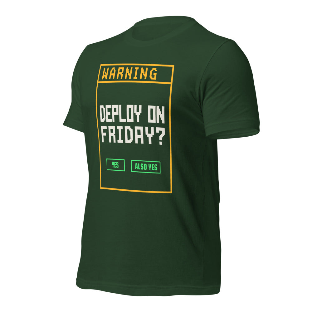 Deploy On Friday programmer tee — Forest, front-right