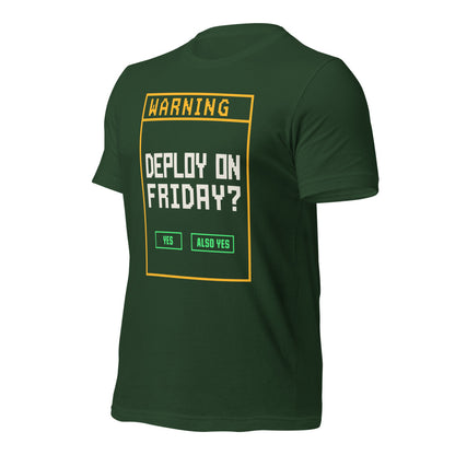 Deploy On Friday programmer tee — Forest, front-right