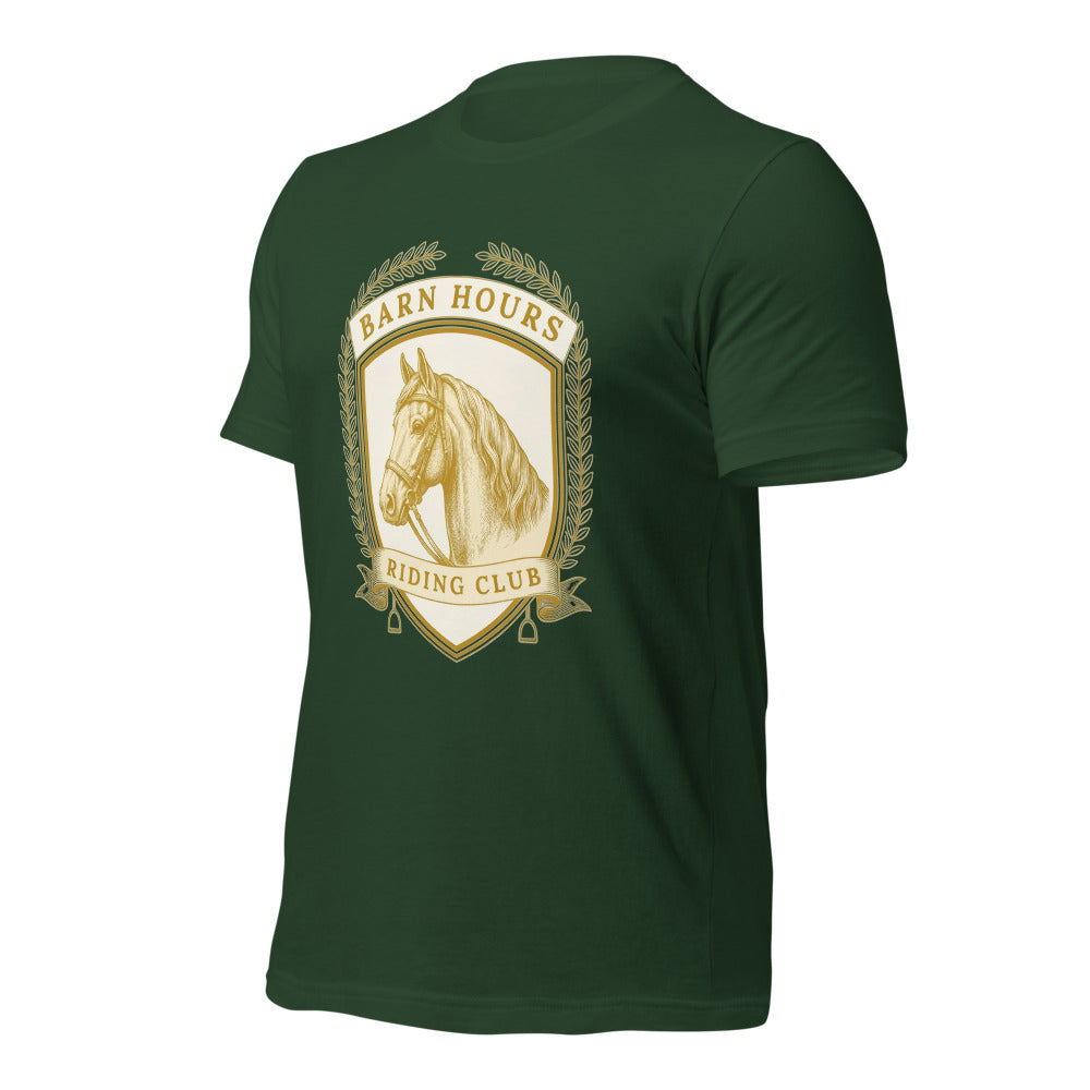 Barn Hours Riding Club vintage equestrian stable crest t-shirt — Forest, front-right