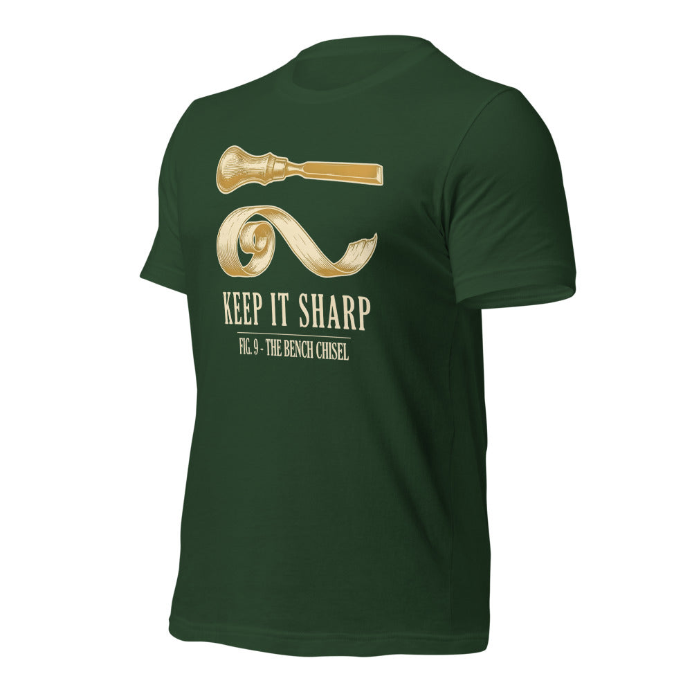 Keep It Sharp woodworking tee — Forest, front-right