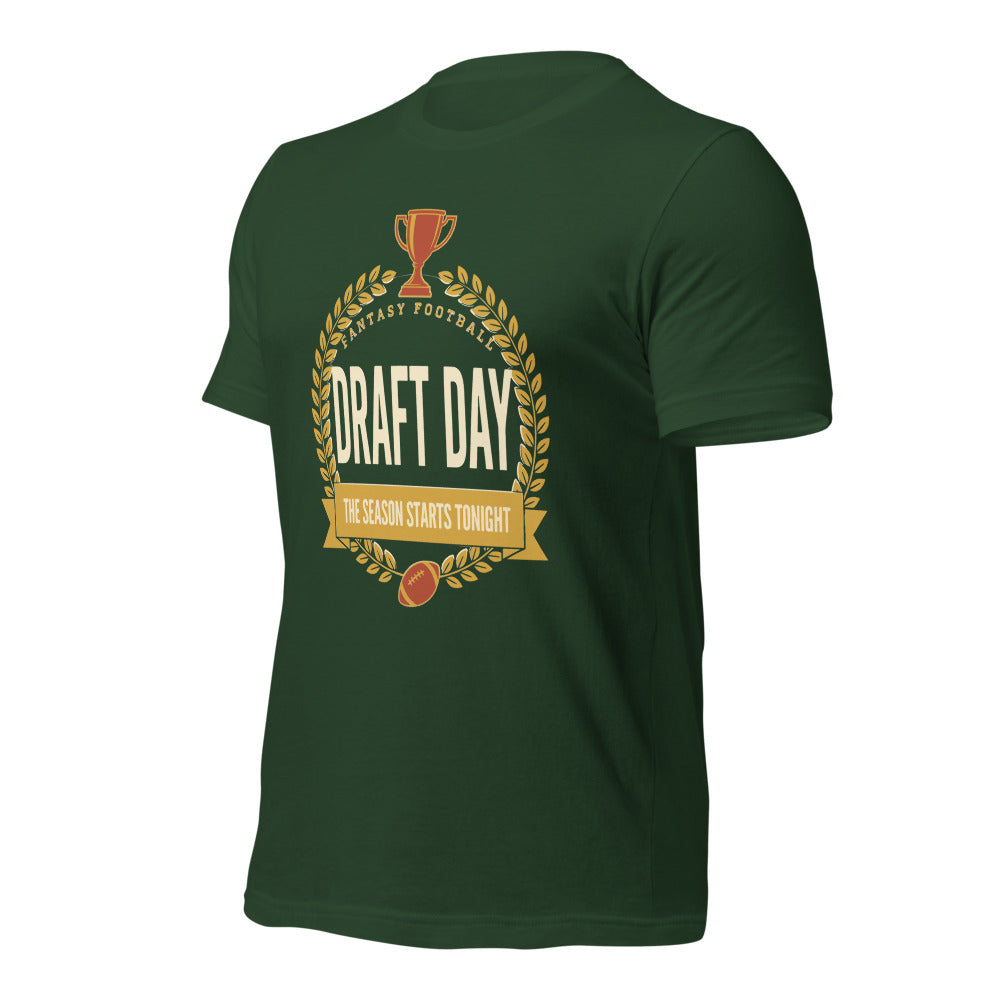 Draft Day Almanac vintage fantasy football draft tee — Forest, front-right