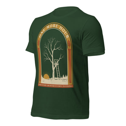 One More Hour funny deer hunting tee — Forest, front-right
