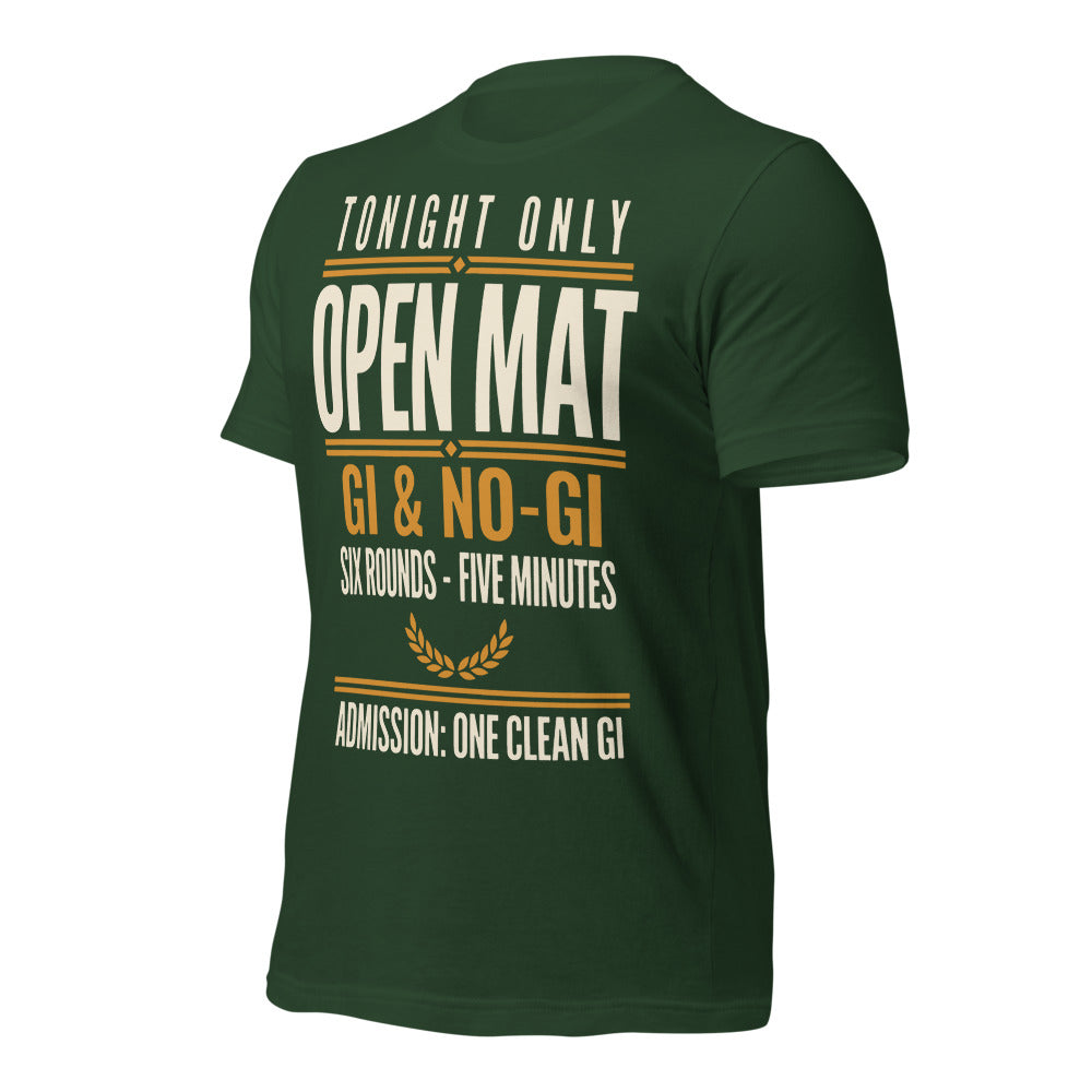 Open Mat Tonight Brazilian jiu jitsu t-shirt — Forest, front-right