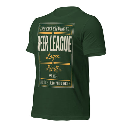 Beer League Cold Barn Brewing lager t-shirt — Forest, front-right