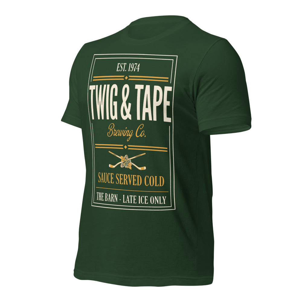Twig and Tape Brewing Co. beer league hockey t-shirt — Forest, front-right
