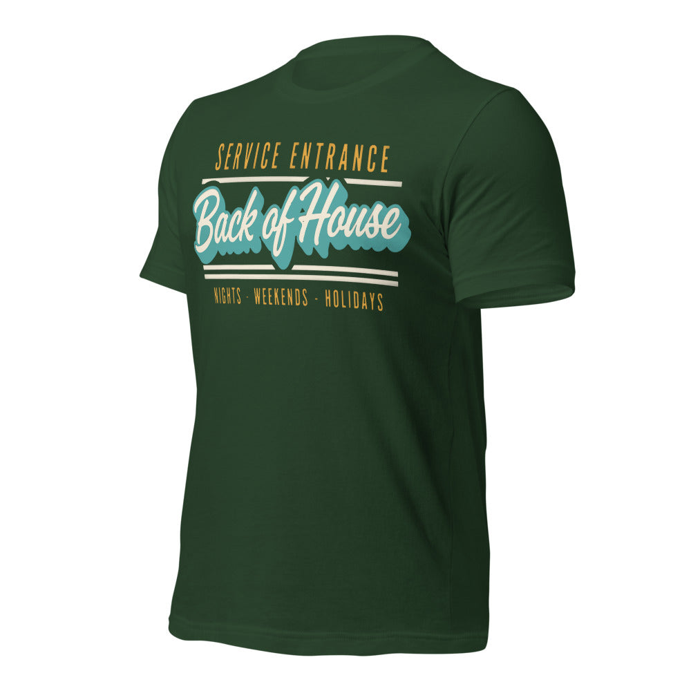 Line Cook Back of House retro diner service sign t-shirt — Forest, front-right