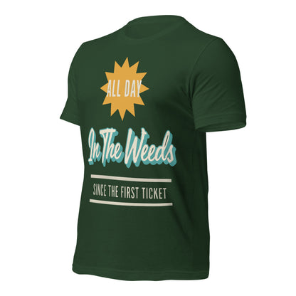 In The Weeds line cook retro diner service sign t-shirt — Forest, front-right