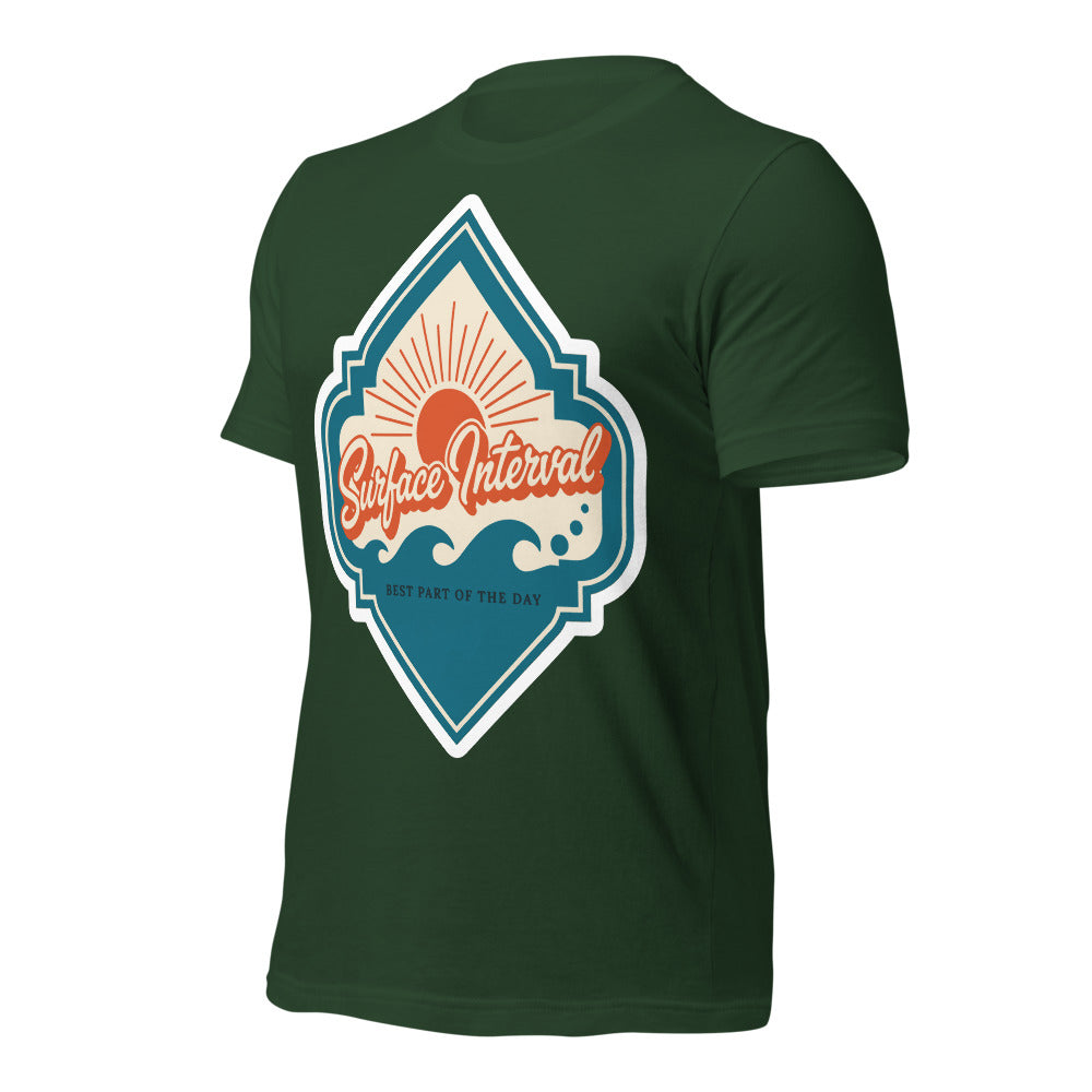 Surface Interval vintage scuba diving travel decal t-shirt — Forest, front-right