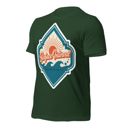 Surface Interval vintage scuba diving travel decal t-shirt — Forest, front-right