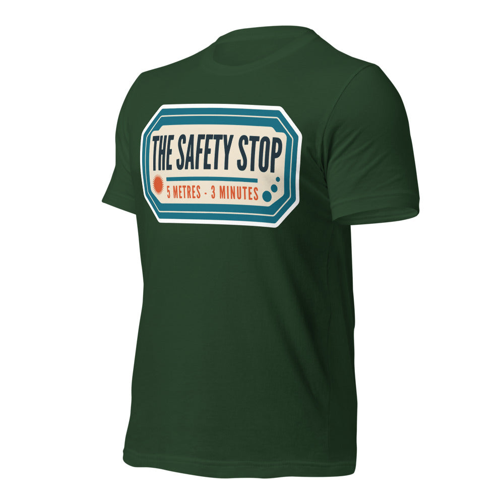 The Safety Stop vintage scuba diving travel decal t-shirt — Forest, front-right