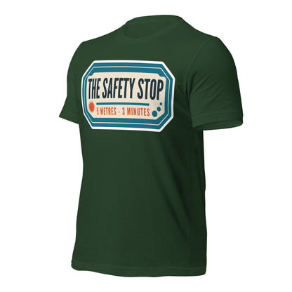 The Safety Stop vintage scuba diving travel decal t-shirt — Forest, front-right