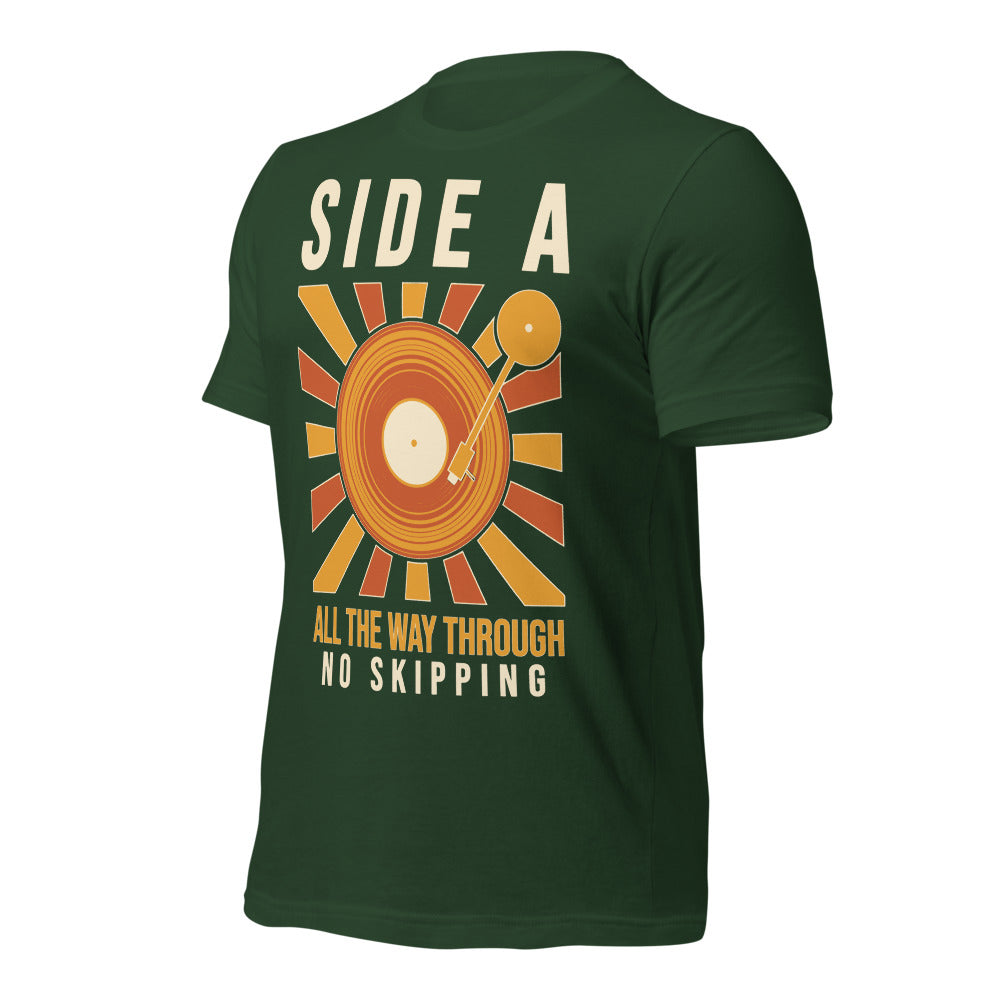 Side A No Skipping vinyl record tee — Forest, front-right