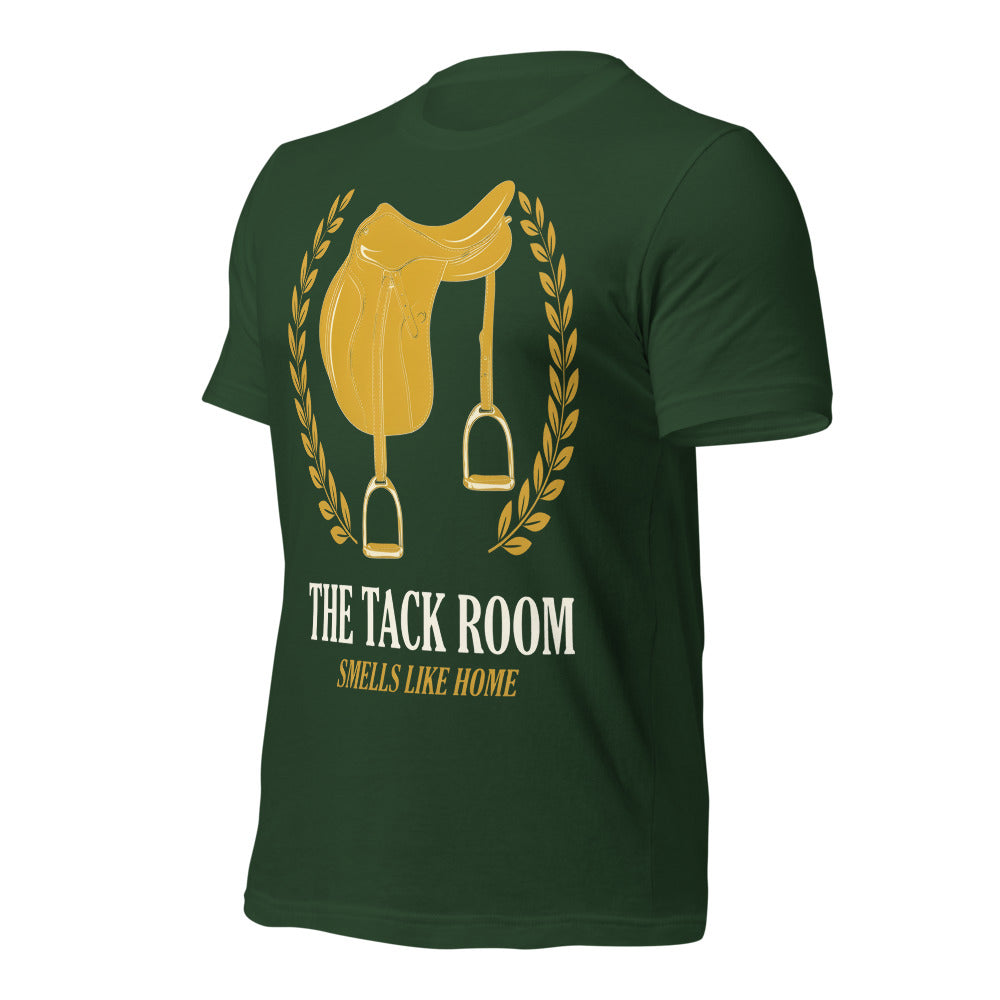 The Tack Room engraved equestrian saddle crest t-shirt — Forest, front-right