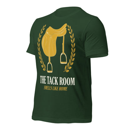 The Tack Room engraved equestrian saddle crest t-shirt — Forest, front-right