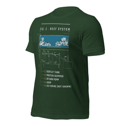 Reef System technical cutaway saltwater aquarium t-shirt — Forest, front-right