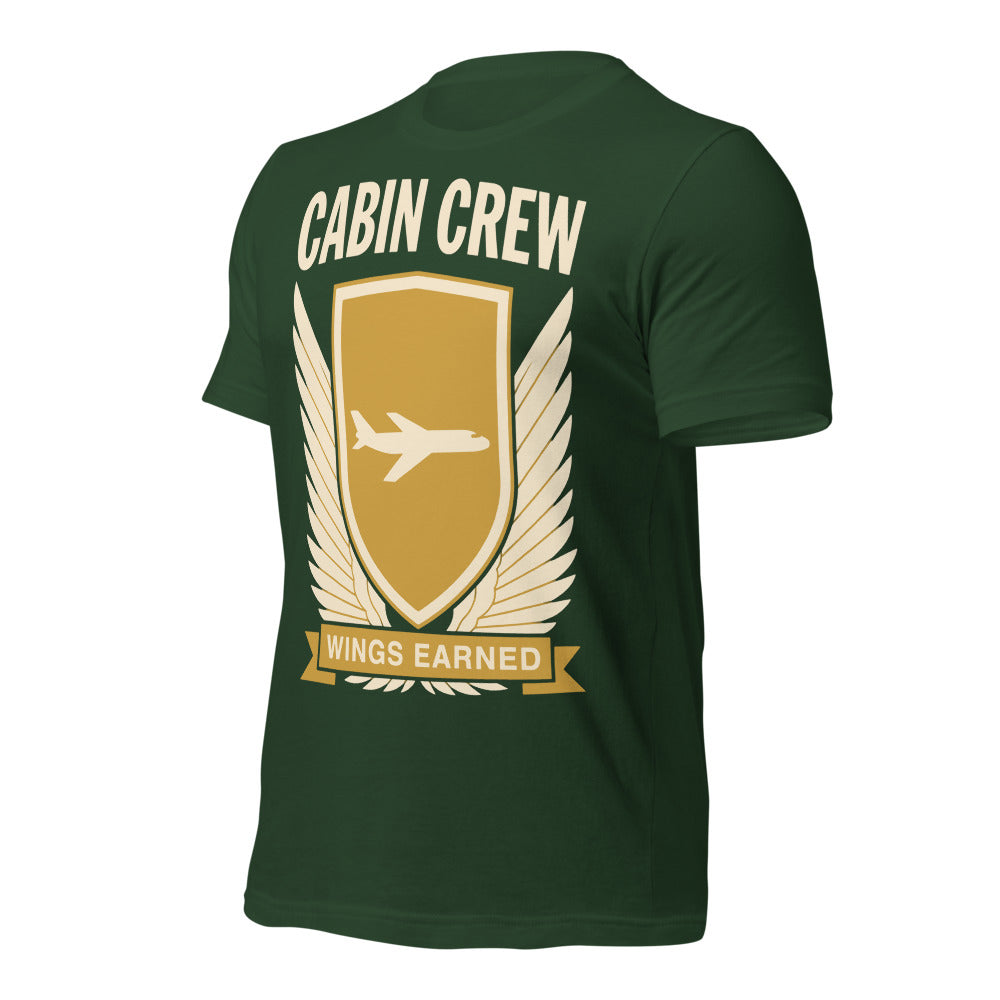 Wings Earned flight attendant tee — Forest, front-right