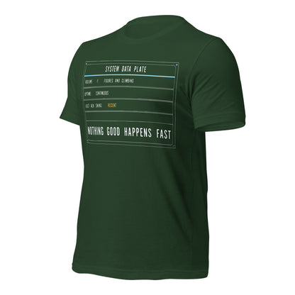 Nothing Good Happens Fast reef system data plate saltwater aquarium t-shirt — Forest, front-right