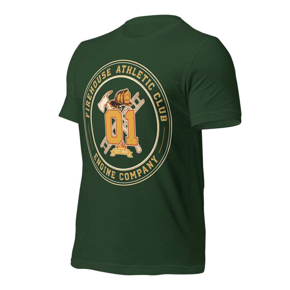 Firehouse Athletic Club retro firefighter emblem tee — Forest, front-right